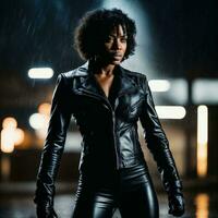 photo of strong african woman with black leather suit in heavy rain night, generative AI