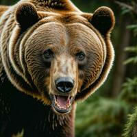 foto de grande enojado oso pardo oso corriendo en el selva, generativo ai