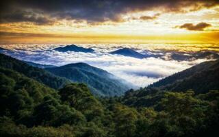 photo of landscape mountain view with fluffy smoke and cloud, generative AI