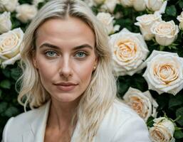 photo of beautiful woman in blonde hair color with white rose background, generative AI