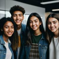 grupo de contento joven Adolescente a el trabajando oficina espacio, generativo ai foto