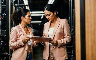 photo of working entrepreneur woman at factory with machine and worker, generative AI