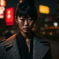 photo of asian woman at street night with light, generative AI