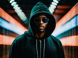 photo of black man in black hoodie in server data center room with neon light, generative AI