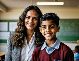 foto de contento profesor y niños a colegio habitación, generativo ai