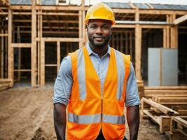 photo of african black man as a construction worker with helmet, generative AI