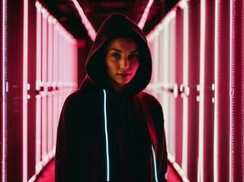 photo of woman in black hoodie in server data center room with neon light, generative AI