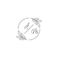 Initials AM monogram wedding logo with simple leaf outline and circle style vector