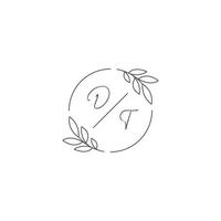 Initials DT monogram wedding logo with simple leaf outline and circle style vector