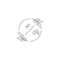 Initials KM monogram wedding logo with simple leaf outline and circle style vector