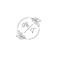 Initials MT monogram wedding logo with simple leaf outline and circle style vector