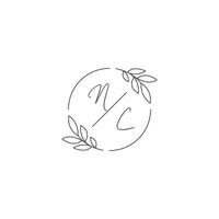 Initials NC monogram wedding logo with simple leaf outline and circle style vector