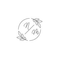 Initials NM monogram wedding logo with simple leaf outline and circle style vector