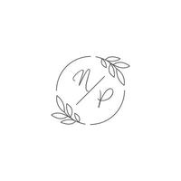 Initials NP monogram wedding logo with simple leaf outline and circle style vector