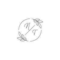 Initials NT monogram wedding logo with simple leaf outline and circle style vector