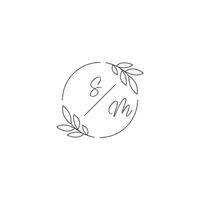 Initials SM monogram wedding logo with simple leaf outline and circle style vector