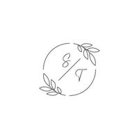 Initials ST monogram wedding logo with simple leaf outline and circle style vector