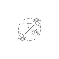 Initials TM monogram wedding logo with simple leaf outline and circle style vector