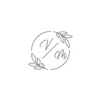 Initials VM monogram wedding logo with simple leaf outline and circle style vector