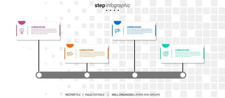 Mind map infographic template or element as a vector with 4 step, process, option, colorful label, icons, semicircular, circular, branch arrow, for sale slide or presentation, minimal, modern style