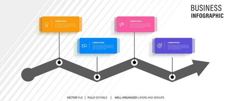 Mind map infographic template or element as a vector with 4 step, process, option, colorful label, icons, semicircular, circular, branch arrow, for sale slide or presentation, minimal, modern style