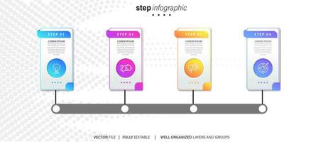 Mind map infographic template or element as a vector with 4 step, process, option, colorful label, icons, semicircular, circular, branch arrow, for sale slide or presentation, minimal, modern style