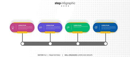 Mind map infographic template or element as a vector with 4 step, process, option, colorful label, icons, semicircular, circular, branch arrow, for sale slide or presentation, minimal, modern style