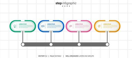 Mind map infographic template or element as a vector with 4 step, process, option, colorful label, icons, semicircular, circular, branch arrow, for sale slide or presentation, minimal, modern style