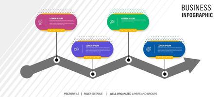 Mind map infographic template or element as a vector with 4 step, process, option, colorful label, icons, semicircular, circular, branch arrow, for sale slide or presentation, minimal, modern style