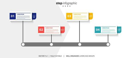 Mind map infographic template or element as a vector with 4 step, process, option, colorful label, icons, semicircular, circular, branch arrow, for sale slide or presentation, minimal, modern style