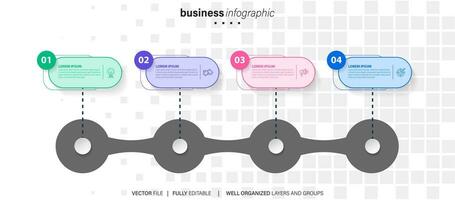 Mind map infographic template or element as a vector with 4 step, process, option, colorful label, icons, semicircular, circular, branch arrow, for sale slide or presentation, minimal, modern style