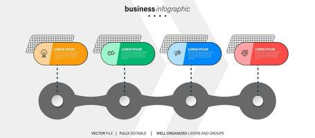 Mind map infographic template or element as a vector with 4 step, process, option, colorful label, icons, semicircular, circular, branch arrow, for sale slide or presentation, minimal, modern style