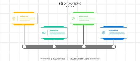 Mind map infographic template or element as a vector with 4 step, process, option, colorful label, icons, semicircular, circular, branch arrow, for sale slide or presentation, minimal, modern style