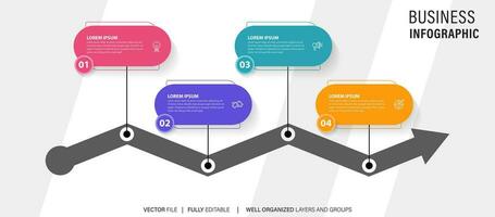 Mind map infographic template or element as a vector with 4 step, process, option, colorful label, icons, semicircular, circular, branch arrow, for sale slide or presentation, minimal, modern style