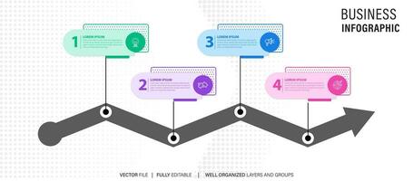 Mind map infographic template or element as a vector with 4 step, process, option, colorful label, icons, semicircular, circular, branch arrow, for sale slide or presentation, minimal, modern style