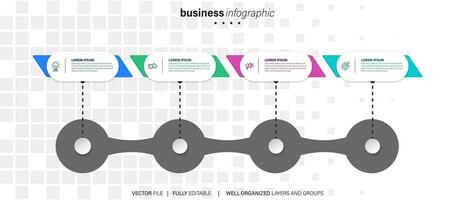 Mind map infographic template or element as a vector with 4 step, process, option, colorful label, icons, semicircular, circular, branch arrow, for sale slide or presentation, minimal, modern style