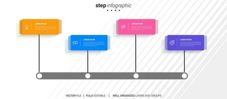 infographic template 4 step business planning to success multi colored rectagles with icon. template background design for marketing, finance, product. vector