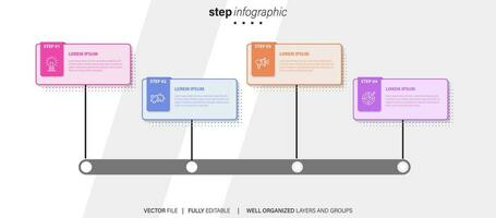 elemento de diseño infográfico de línea de tiempo y opciones de número. concepto de negocio con 4 pasos. se puede utilizar para diseño de flujo de trabajo, diagrama, informe anual, diseño web. plantilla de negocio vectorial para presentación. vector