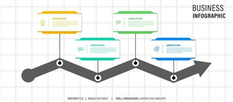 elemento de diseño infográfico de línea de tiempo y opciones de número. concepto de negocio con 4 pasos. se puede utilizar para diseño de flujo de trabajo, diagrama, informe anual, diseño web. plantilla de negocio vectorial para presentación. vector