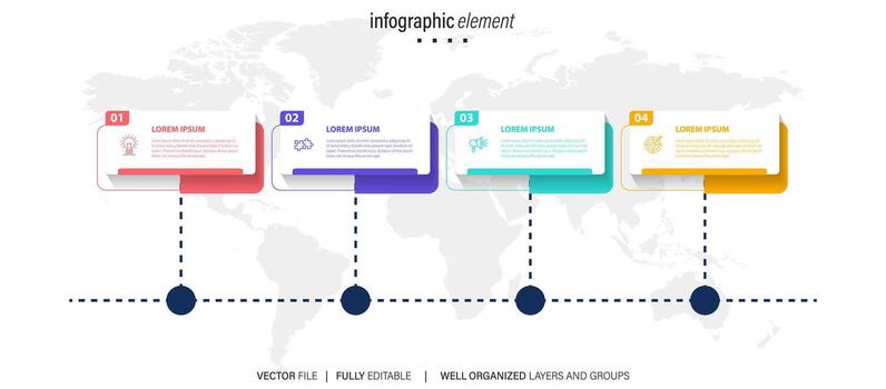 elemento de diseño infográfico de línea de tiempo y opciones de número. concepto de negocio con 4 pasos. se puede utilizar para diseño de flujo de trabajo, diagrama, informe anual, diseño web. plantilla de negocio vectorial para presentación. vector