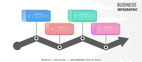 chart timeline infographic template or element with 4 project, process, step, option, colorful bar, arrow, minimal, modern style for sale slide, planner, workflow, roadmap, web vector