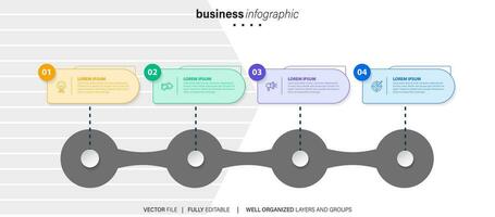 chart timeline infographic template or element with 4 project, process, step, option, colorful bar, arrow, minimal, modern style for sale slide, planner, workflow, roadmap, web vector