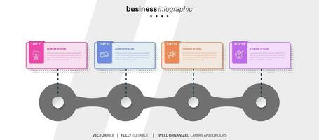 chart timeline infographic template or element with 4 project, process, step, option, colorful bar, arrow, minimal, modern style for sale slide, planner, workflow, roadmap, web vector