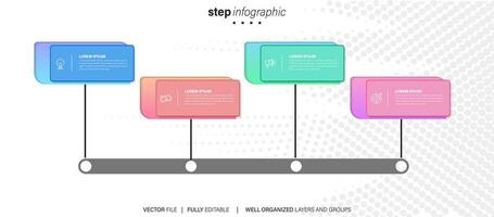 chart timeline infographic template or element with 4 project, process, step, option, colorful bar, arrow, minimal, modern style for sale slide, planner, workflow, roadmap, web vector