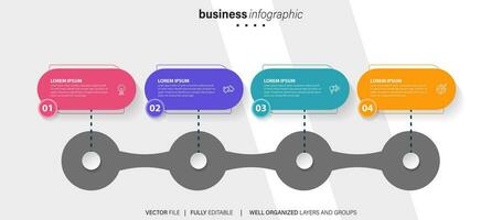 chart timeline infographic template or element with 4 project, process, step, option, colorful bar, arrow, minimal, modern style for sale slide, planner, workflow, roadmap, web vector