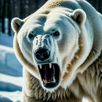 foto de grande enojado polar oso corriendo en el nieve, generativo ai