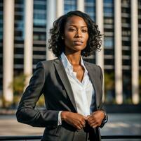 photo of smart african woman with black business suit at big modern city, generative AI