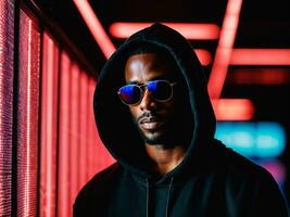 photo of black man in black hoodie in server data center room with neon light, generative AI