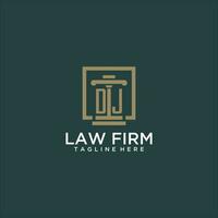 DJ initial monogram logo for lawfirm with pillar design in creative square vector