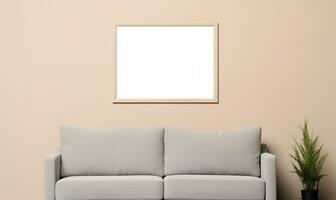 a frame mockup in a contemporary minimalist room with a beige color scheme. AI Generated photo